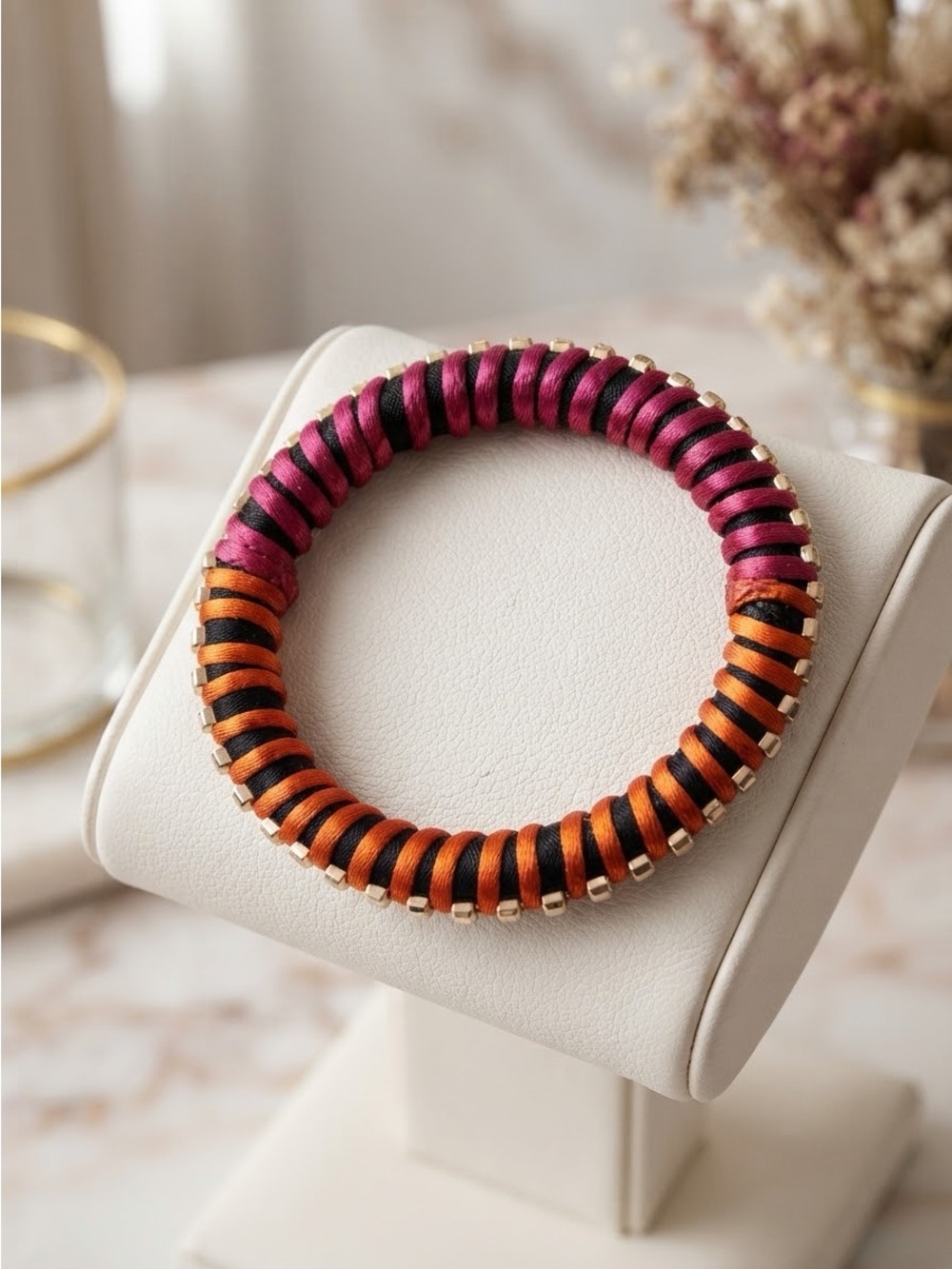 Orange Hot Pink Silk Thread Bangle | Rhinestone Chain Border Statement Bangle - Picture 9 of 14